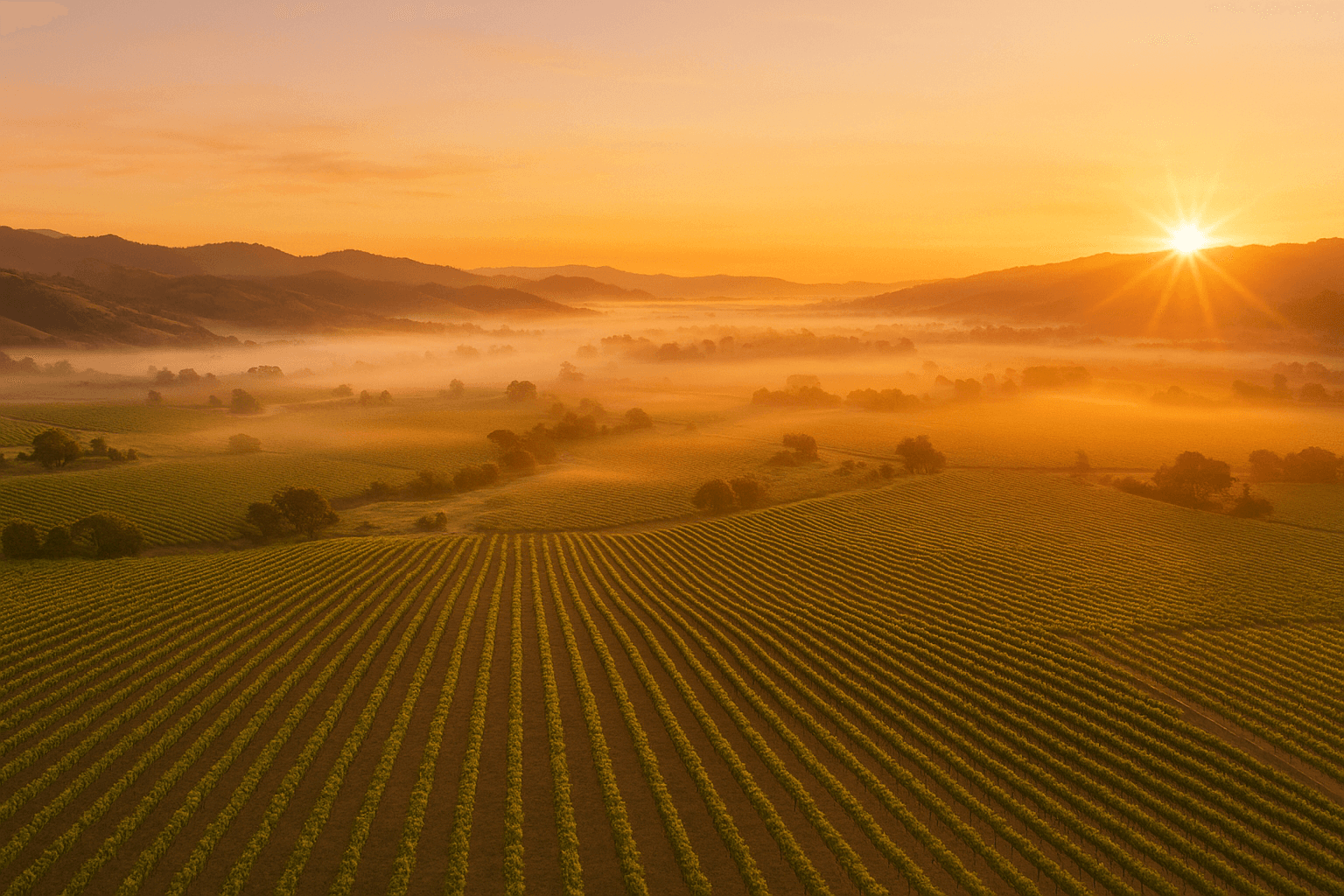 Morning sun over Napa Valley vineyards