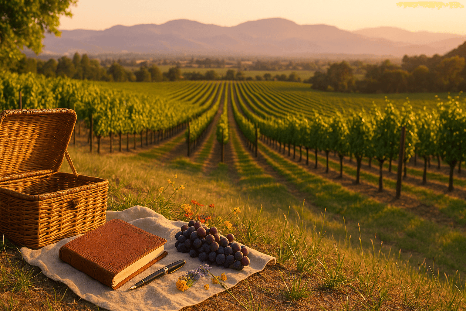 Rolling Napa Valley vineyard at golden hour