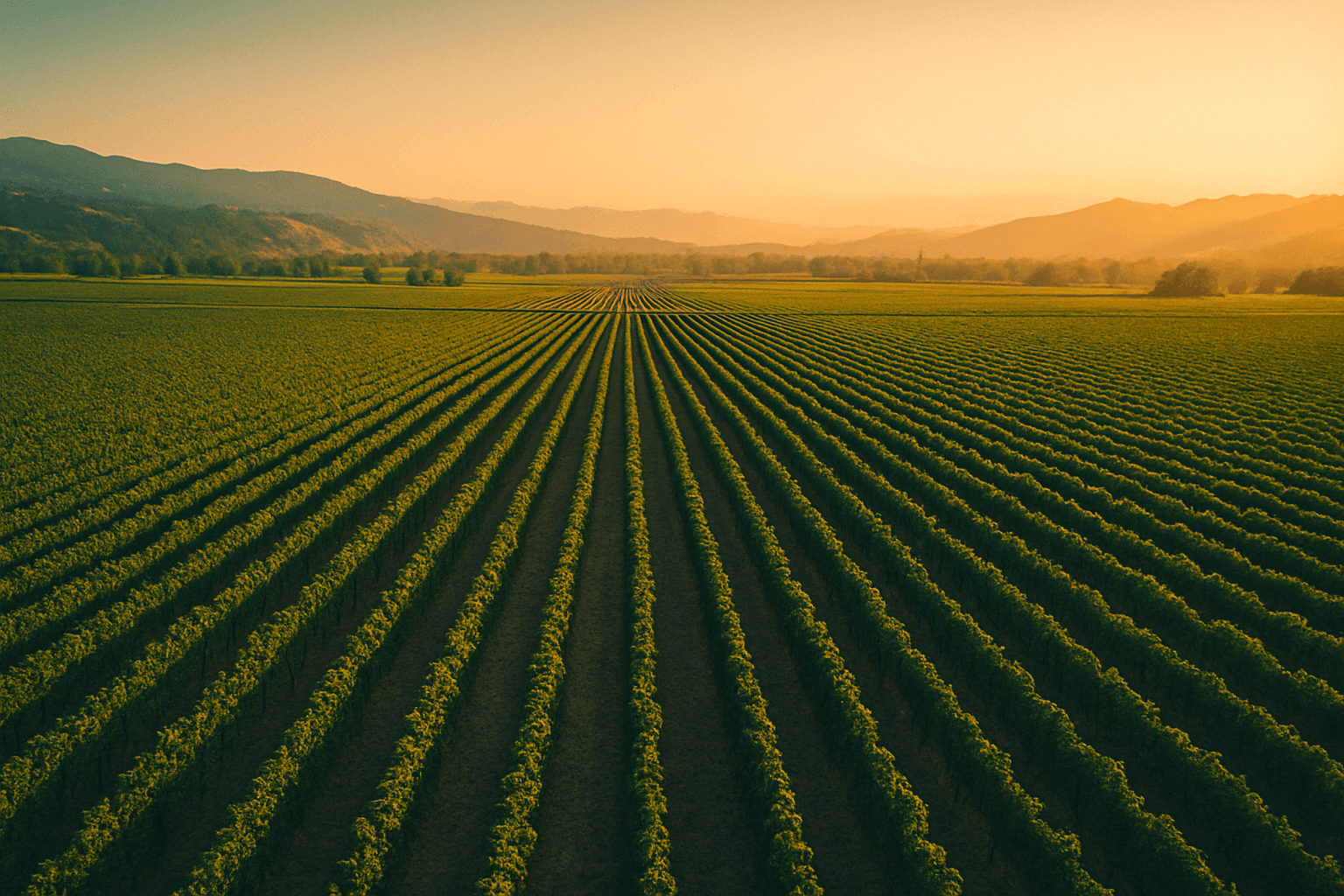 Rows of sunlit Napa grapevines stretching to the horizon