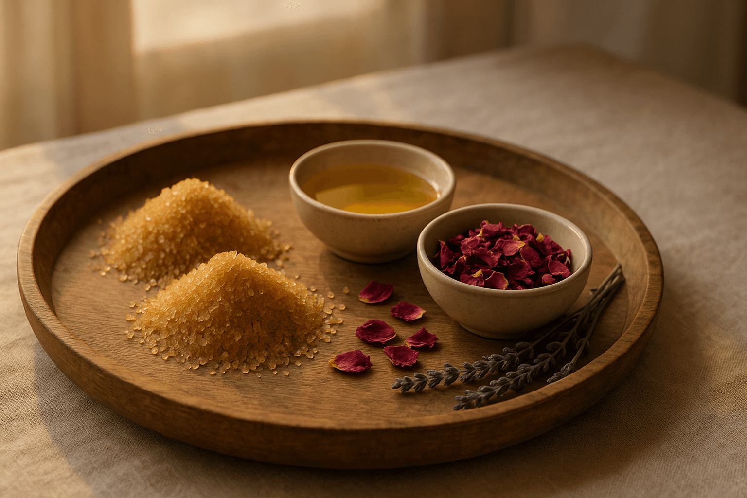 Tray of sugars, cold-pressed oils and botanicals ready for blending
